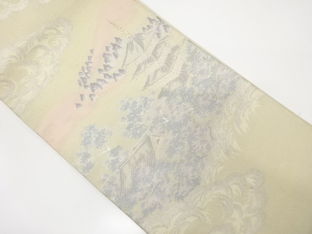 JAPANESE KIMONO / ANTIQUE FUKURO OBI / SILK / WOVEN SCENERY OF TEMPLE